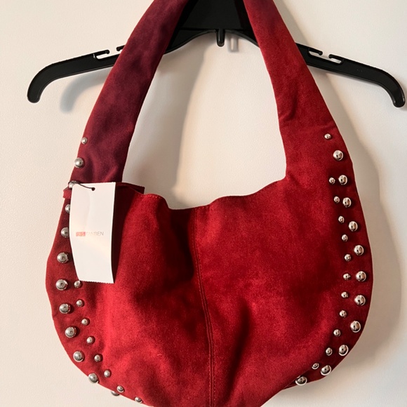 Burgundy crescent suede studded slouchy hobo bag - NEW with tags - Picture 2 of 4